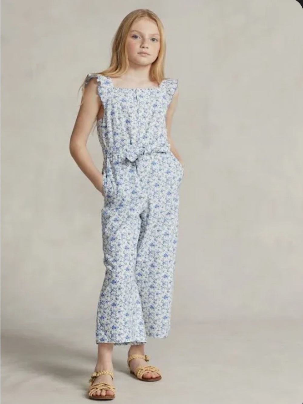 Polo by Ralph Lauren White and Blue Floral Tie-Waist Jumpsuit